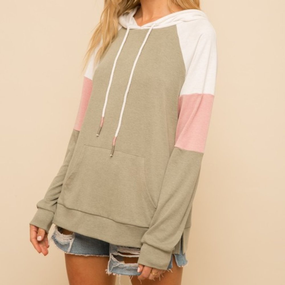 Color Block Hoodie - Olive/Pink